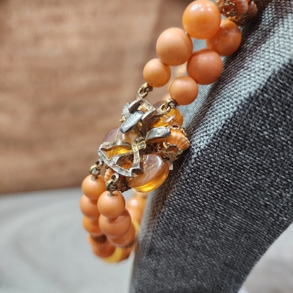 Vintage Double Strand Peach & Amber Bead Necklace w/ Floral Accent - Picture 7 of 10